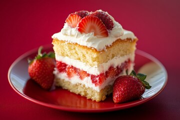 Poster - Strawberry layer cake served on a red plate with fresh strawberries beside it