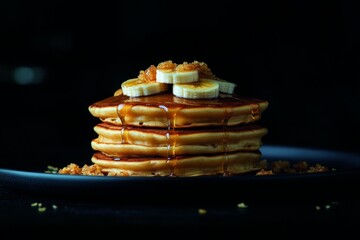 Aufkleber - Stack of fluffy pancakes topped with banana slices and syrup on a dimly lit plate