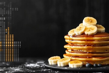 Aufkleber - Delicious stack of pancakes topped with banana slices and syrup on a dark background