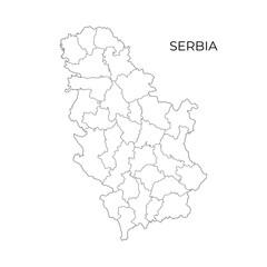  Black and white vector outline map of Serbia, showing its districts and administrative borders, suitable for educational, political, and geographic purposes