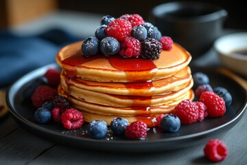 Poster - Fluffy pancakes topped with fresh berries and syrup served at a cozy breakfast table