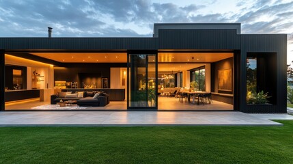 Poster - Modern home with large glass windows showcasing a cozy interior and outdoor greenery at sunset