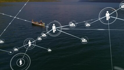 Poster - Boat on lake with network of connections and data processing animation overlay
