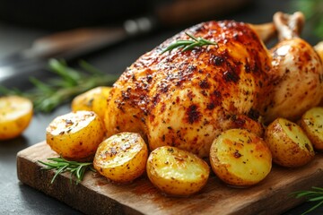 Aufkleber - Roasted chicken with golden potatoes and fresh herbs on wooden board in a cozy kitchen setting during evening meal preparation
