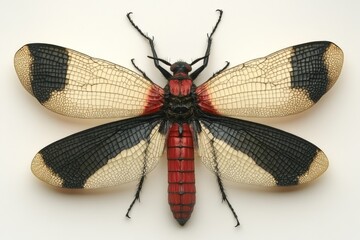 Aufkleber - Vibrant red and black insect with striking wings displayed on a neutral background