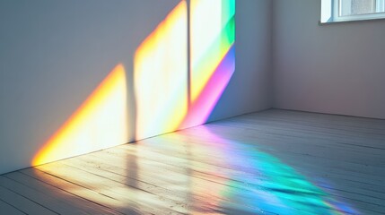 Poster - A serene interior space with colorful light reflections dancing on the wooden floor from a window