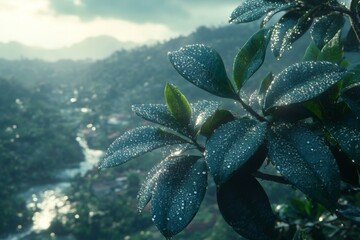 Poster - Rainy foliage glistens in the lush green hills during early morning in a serene forest landscape