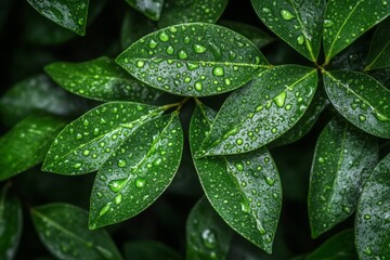 Poster - Rain-drenched leaves glistening with water droplets in a lush green environment