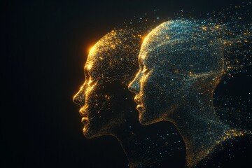 Aufkleber - Digital portraits of two abstract human figures illuminated with glowing particles in dark background