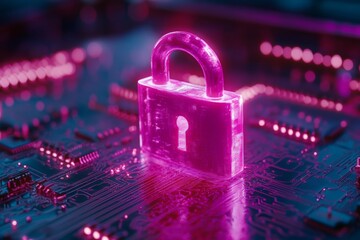Poster - Digital security lock on a vibrant circuit board background showcasing technology and innovation in cybersecurity