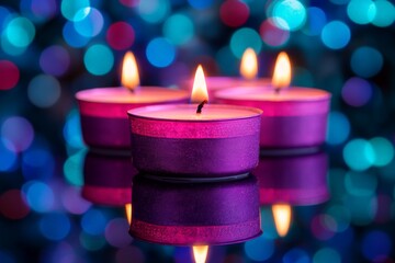 Poster - Purple tealight candles glow softly against a colorful bokeh background in a cozy setting