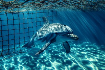 Aufkleber - Dolphin swimming gracefully in clear blue water under a net with sunlight filtering through the surface