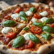 © rehana - A homemade pizza with fresh basil, mozzarella, and vibrant tomatoes, captured in a close-up with a wooden pizza peel, pizza with tomato and olives