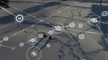 Poster - Network of connections and data processing animation over snowy landscape