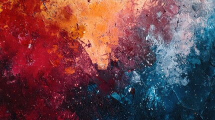 Poster - Abstract painting featuring vibrant colors of red, orange, and blue with textured brush strokes and splatters