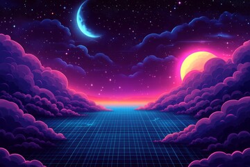 Poster - Colorful sunset over a calm sea with clouds in a dreamy cosmic atmosphere at dusk