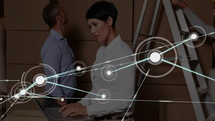 Poster - Network connections animation over people working with boxes and ladder