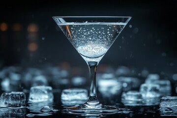 Poster - Elegant cocktail glass filled with fizzy drink and ice cubes set against a moody background