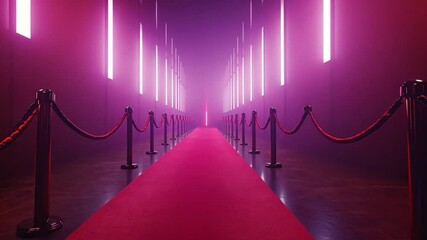 Poster - Glowing Pink Pathway with Neon Lights and Velvet Ropes Creating a Dramatic Atmosphere for a Fashion Show or Event