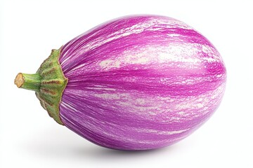 Poster - Colorful striped eggplant resting on a white background captured in bright lighting