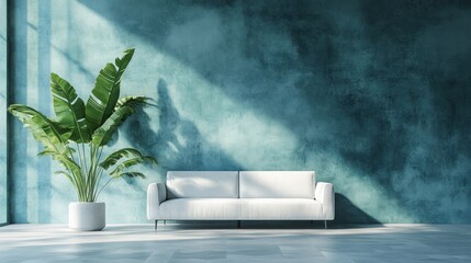 Poster - White sofa against a teal textured wall with a large potted plant.