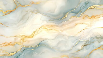 Poster - Abstract fluid art with soft blue and cream swirls accented by golden veins, creating a serene background for design