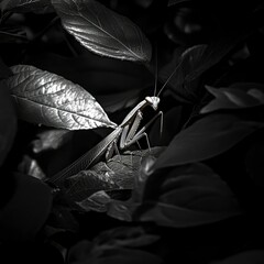 Monochromatic Praying Mantis in Lush Foliage