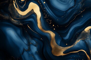 Fototapete - Abstract artwork featuring blue and gold fluid patterns with flowing textures and shimmering details