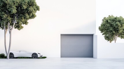 Aufkleber - White sports car parked outside modern minimalist house with garage door.