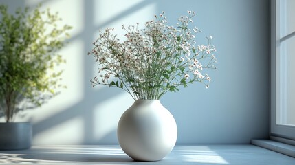 Aufkleber - White vase with small white flowers on a windowsill, sunlight streaming in.
