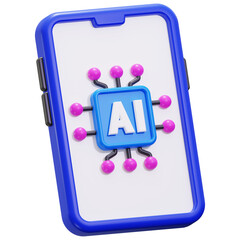 Poster - smartphone with 3D AI icon, suitable for technology concepts, artificial intelligence presentations, mobile applications, and digital communication designs