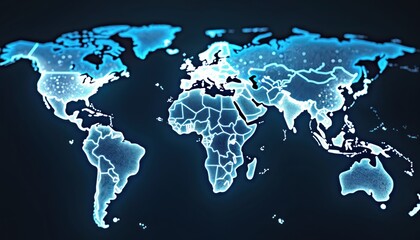 Poster - Glowing digital world map with interconnected countries. Represents global connectivity digital network of world. Shows data exchange, communication, internet, cyber security, information tech, ai.