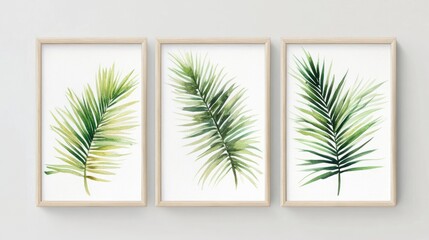Poster - Three elegant botanical illustrations of palm leaves in wooden frames, showcasing vibrant greens against a neutral background
