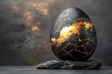Aufkleber - Stunning black egg with golden cracks set on a dark stone against a dramatic cloudy background