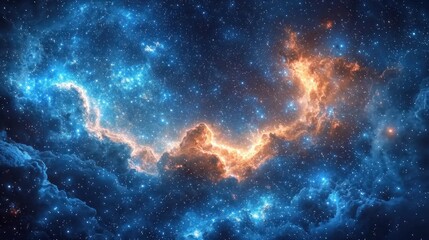 Poster - Cosmic nebula with blue and orange hues, glittering stars, and ethereal clouds. Deep space fantasy background, glowing gas clouds in the night sky
