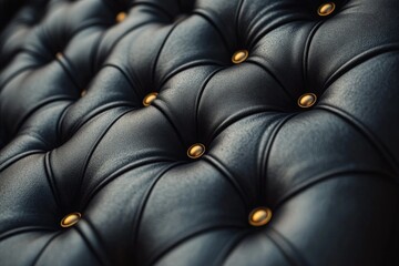 Poster - Upholstered black leather surface with golden buttons showcasing intricate tufting details