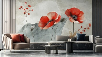 Poster - Elegant living room featuring a floral mural with red poppies, modern furniture, and a serene ambiance
