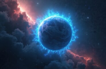 Wall Mural - bright neon-blue gas planet with luminous swirling storms and glowing halo. distant galaxies, shimme