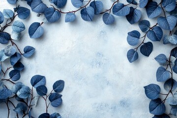 Poster - Blue leaves create an elegant border on a textured background for crafting and design purposes