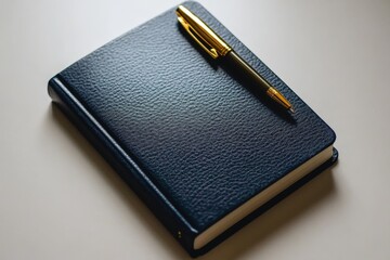 Poster - Stylish dark notebook with a gold pen resting on its cover, ideal for writing and reflection in a serene environment
