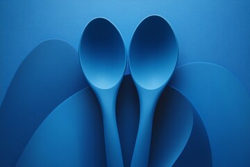 Aufkleber - Two blue spoons placed on a blue background with curved shapes in a creative arrangement showcasing symmetry and color harmony
