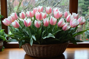 Poster - Colorful pink and white tulips arranged in a basket beside a window in a sunny room