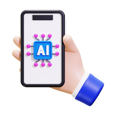 Poster - 3D hand holding phone displaying AI chip icon. Suitable for technology, artificial intelligence, communication concepts in design projects