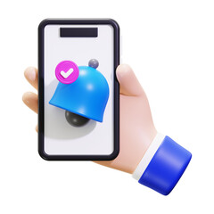 Poster - Hand holding phone with blue notification bell, ideal for technology, communication, social media, apps, and digital concepts. Perfect for marketing