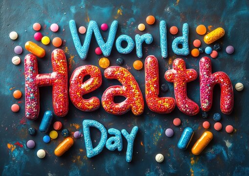 World Health Day celebration, text concept created with pills, inside text, blue and red orange tones. Over a dark blue background. Día Mundial de la Salud