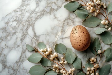 Poster - Decorative arrangement of a speckled egg and eucalyptus leaves on a marble surface for springtime celebration