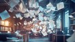 © Rakyandani - Papers flying through an office space, showcasing chaos amidst desks and computers, with natural light filtering in