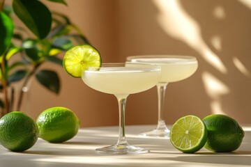 Poster - Refreshing cocktail with lime in elegant glasses set against a sunlit background with fresh limes