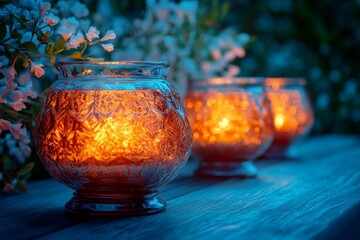 Poster - Warm glow of decorative candles beside flowers creates a tranquil evening atmosphere in a garden setting