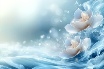 Aufkleber - Serene water flow with delicate white lotus flowers in peaceful blue tones and soft light